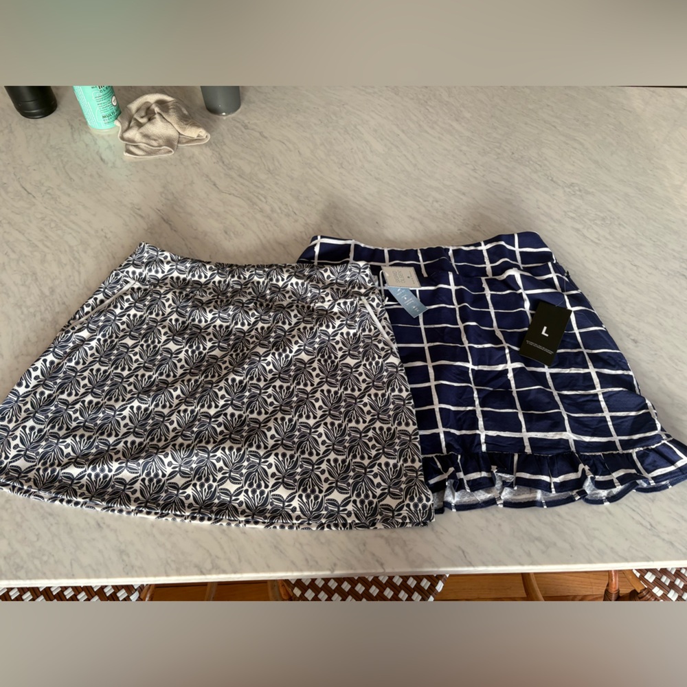NWT Bundle Tennis Skirts Floral & Plaid Size L  Navy & White